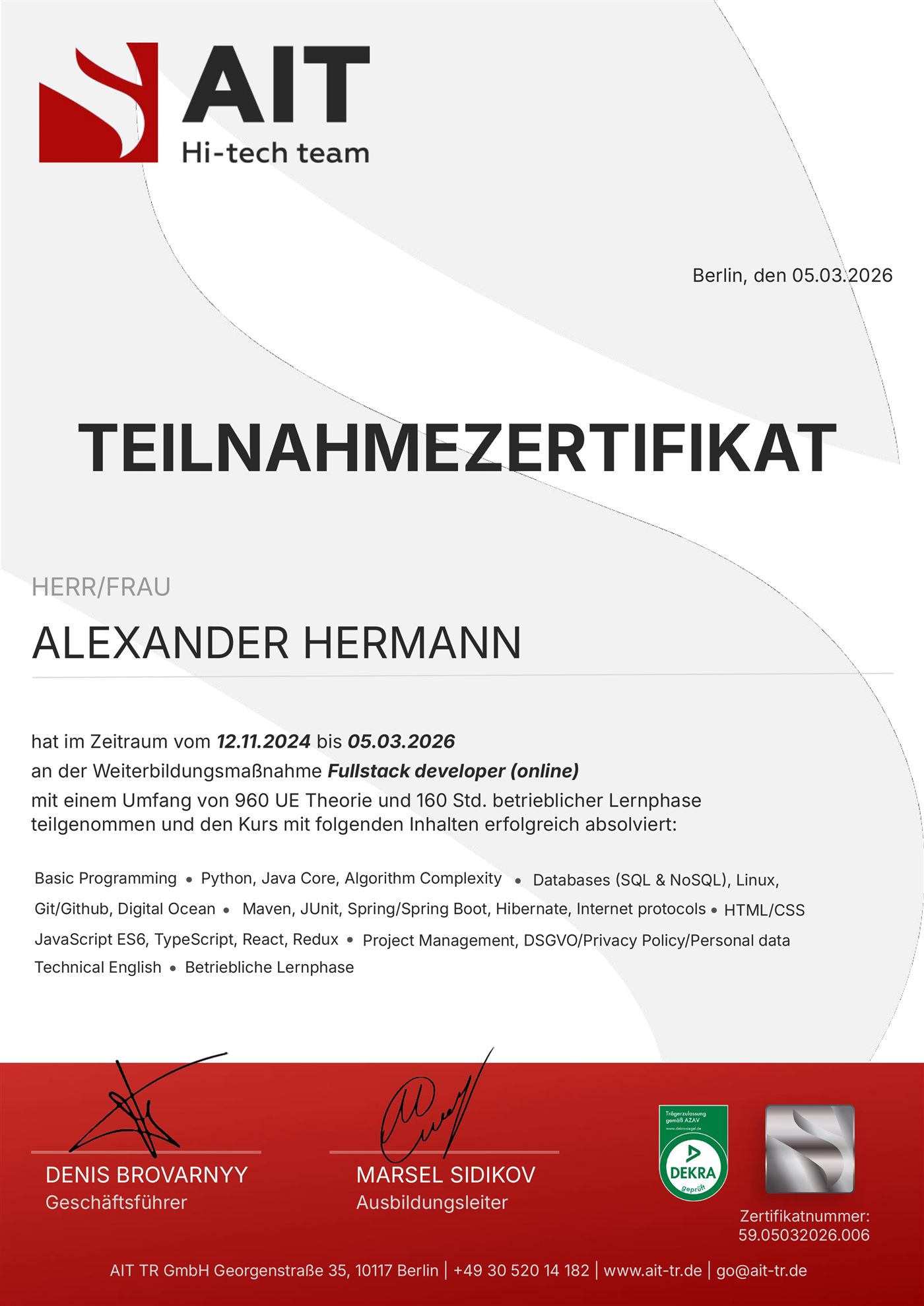 AIT TR Fullstack Developer Teilnahmezertifikat
